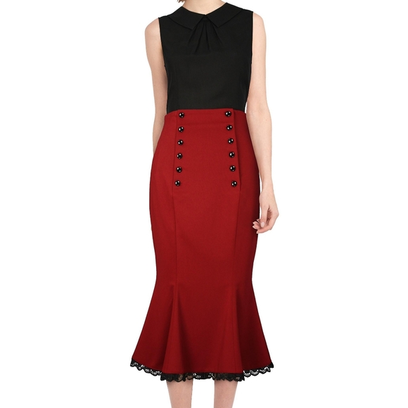 Deep red, satin-look, low sitting mermaid, pencil, knee length skirt AU 8-10 - Picture 11 of 11